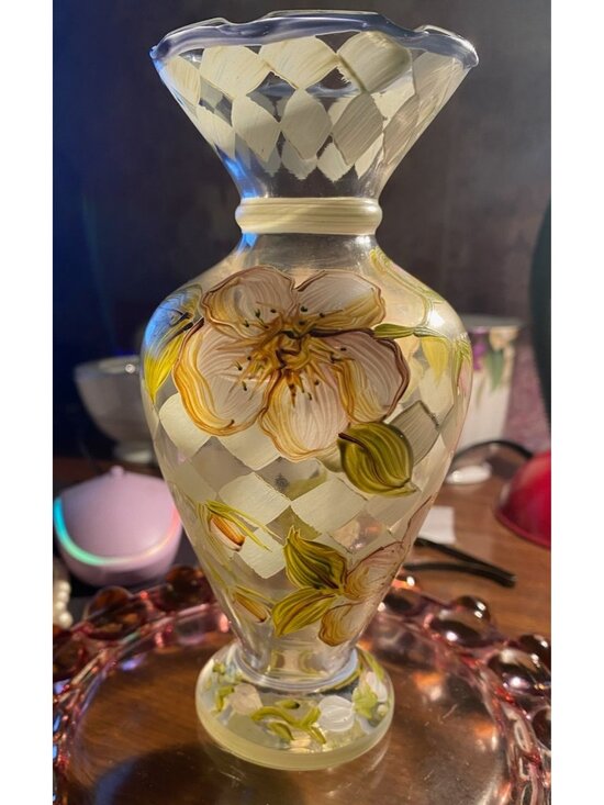 Tracy Porter Hand Painted Vase | Whimsical Floral Glass Trumpet Vase | Checkerbo - Picture 1 of 5